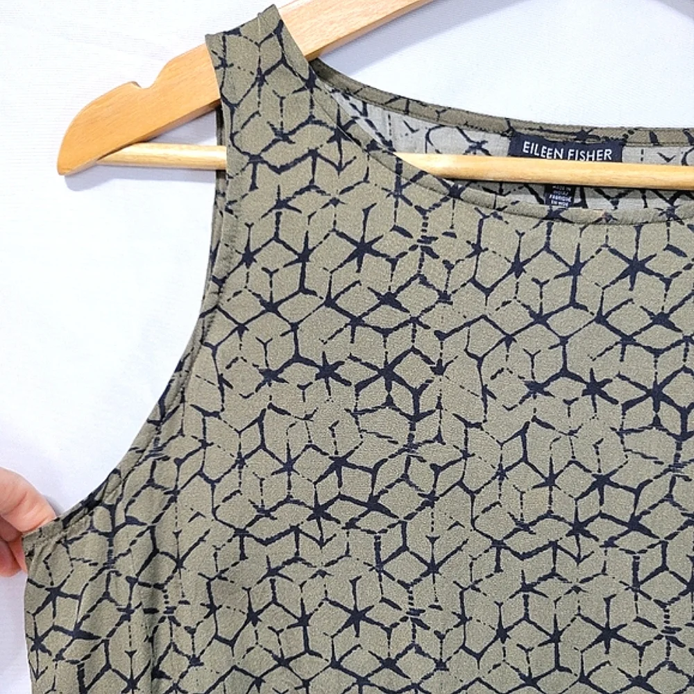 Eileen Fisher Printed Silk Organic Cotton Ballet Neck Abstract Boho Swing Dress - Picture 6 of 7